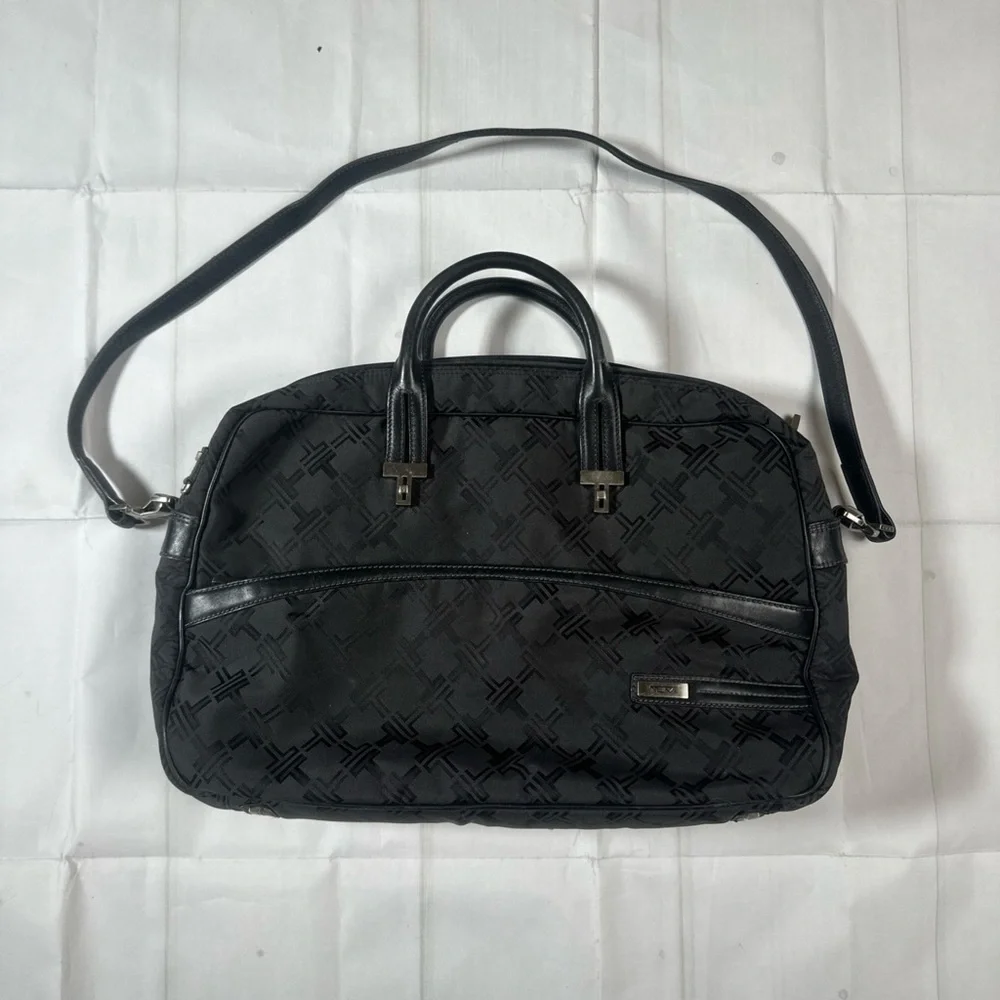 Tumi Black Monogram Laptop Briefcase With Leather Handles And Strap
